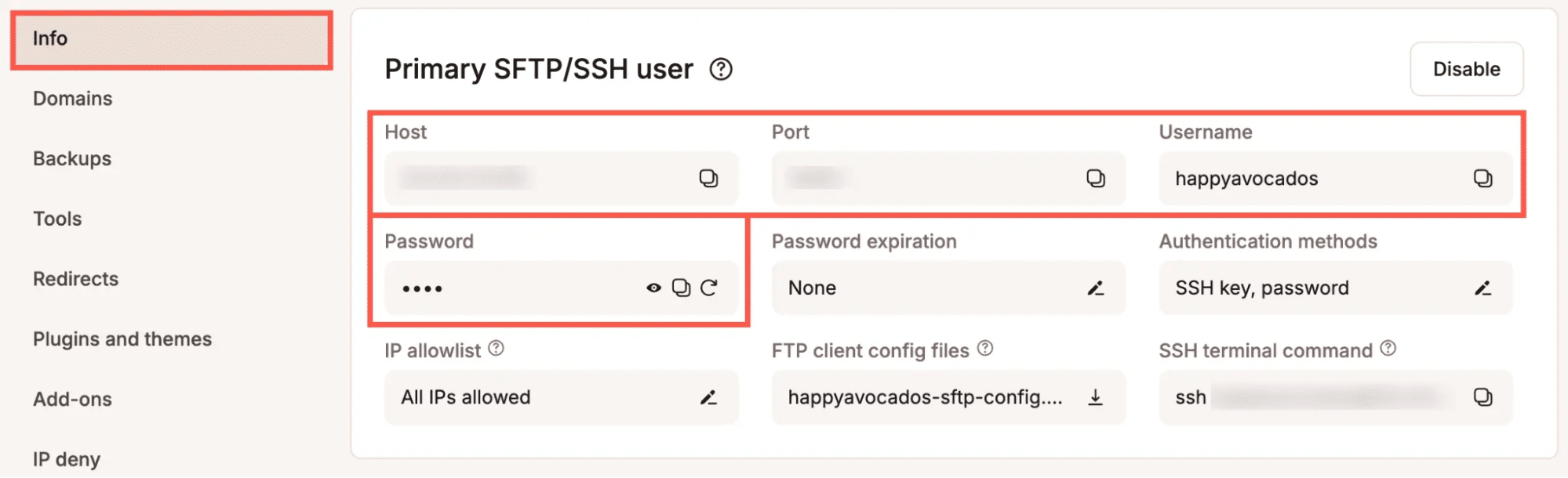 O painel SSH e SFTP no painel do MyKinsta.