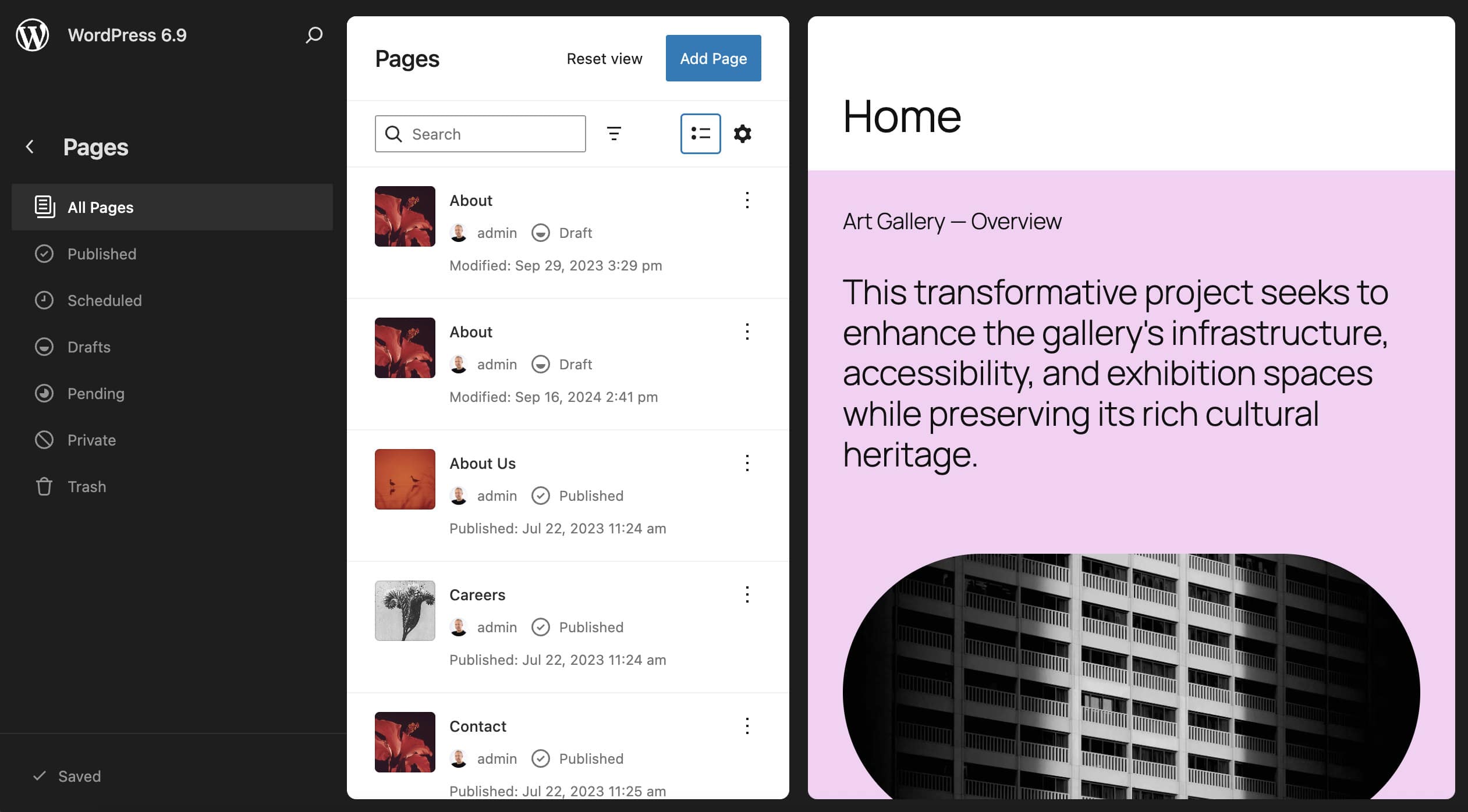 Der Abschnitt „Seiten“ im Listenlayout im Site Editor