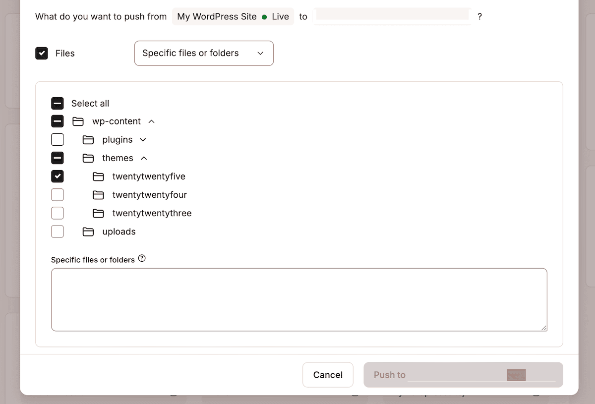 The Push Files interface within the MyKinsta dashboard. It shows a file directory of WordPress core files and folders expanded to show three installed themes.