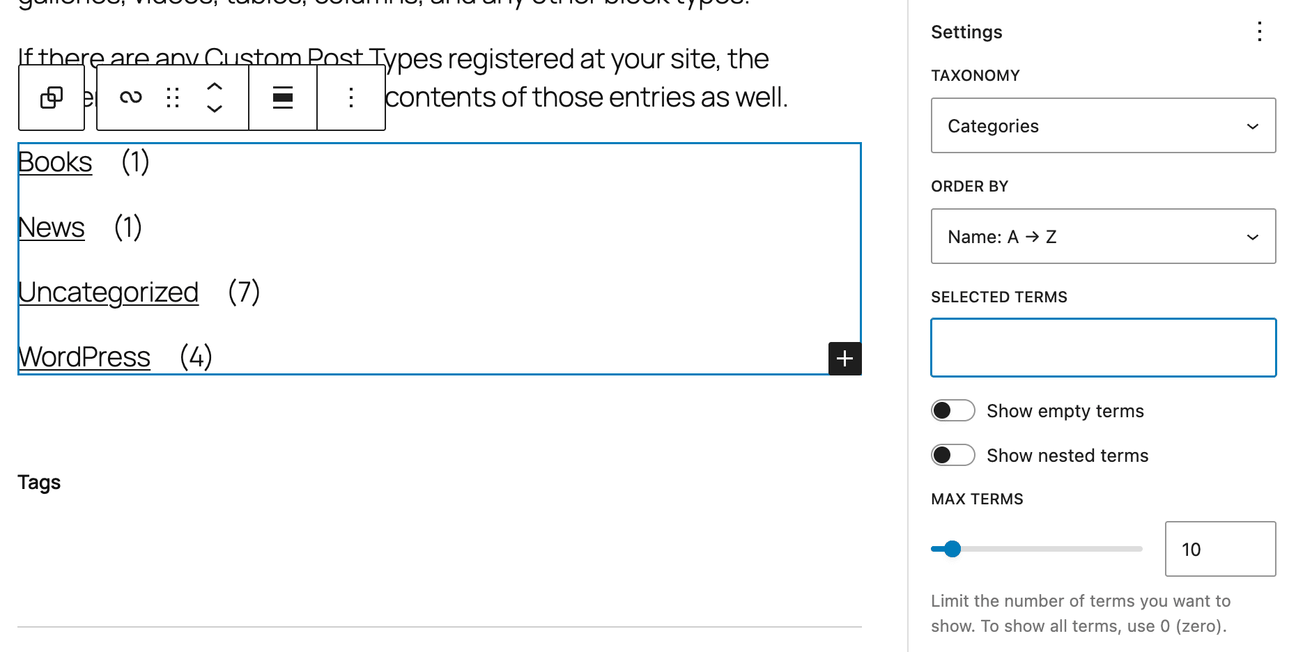 Einstellungen des Terms Query Blocks
