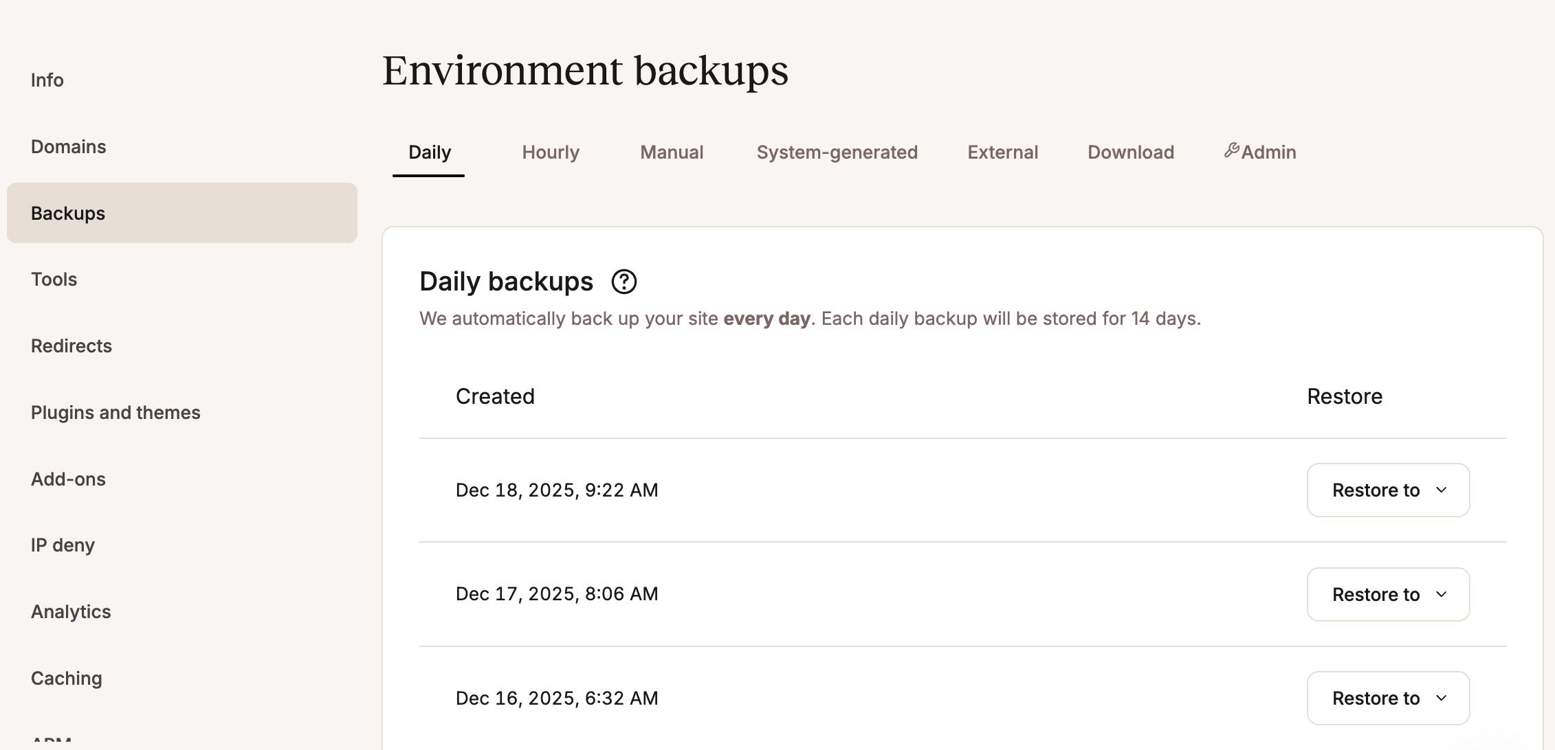 Pantalla de copias de seguridad en MyKinsta