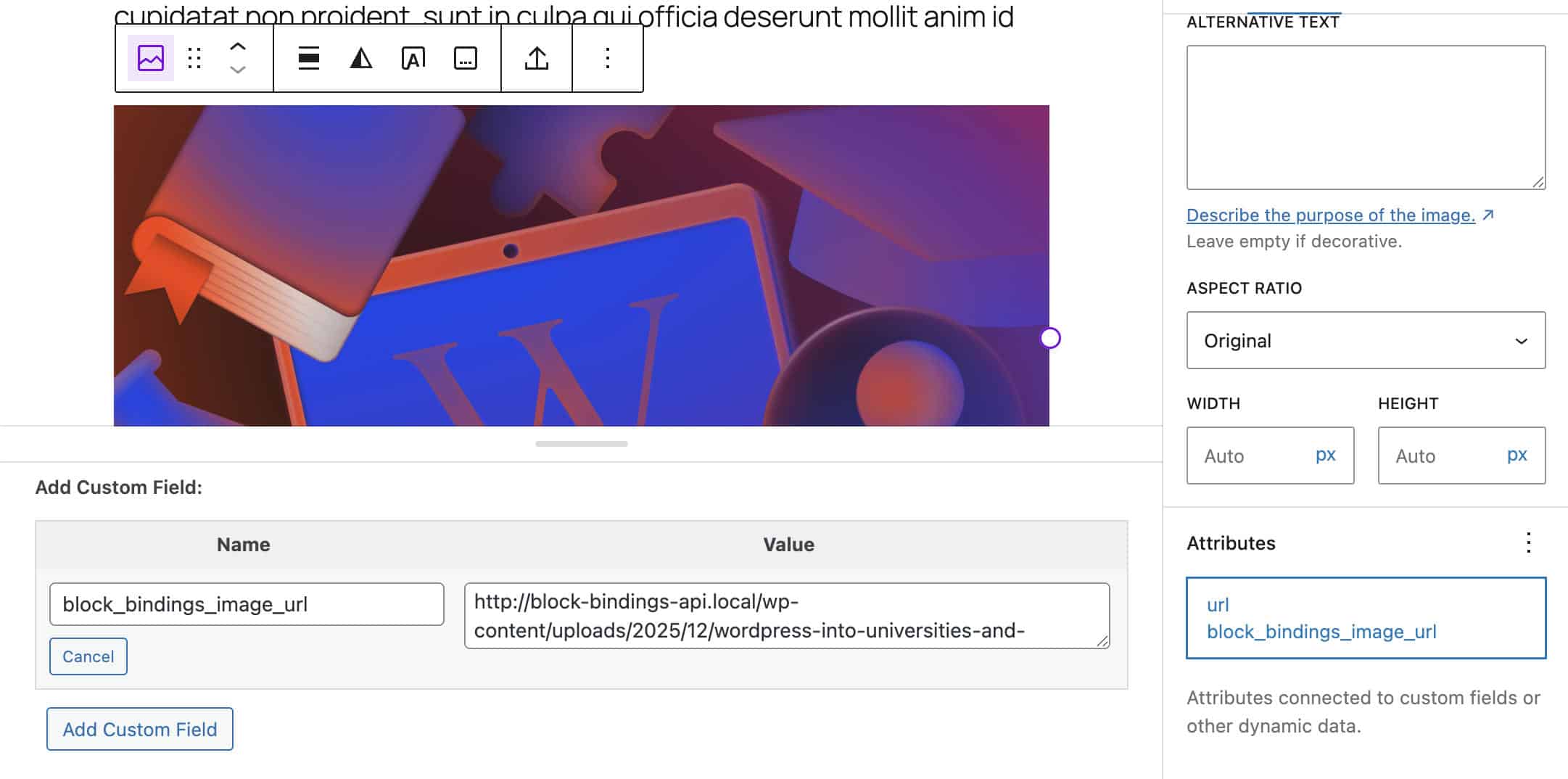 カスタムフィールドの値にurl属性をバインドした画像ブロック