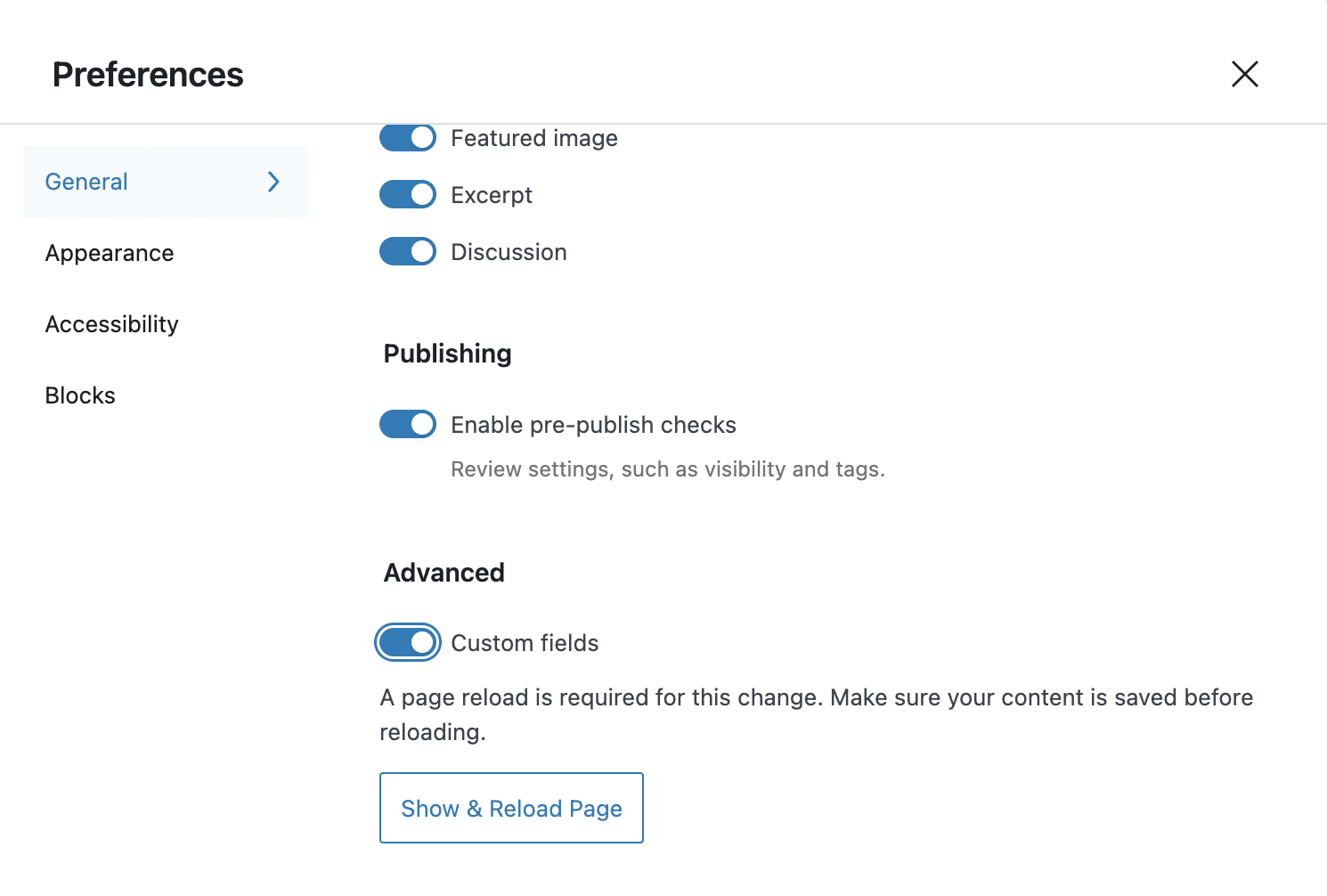 Uno screenshot delle preferenze dell'editor a blocchi.