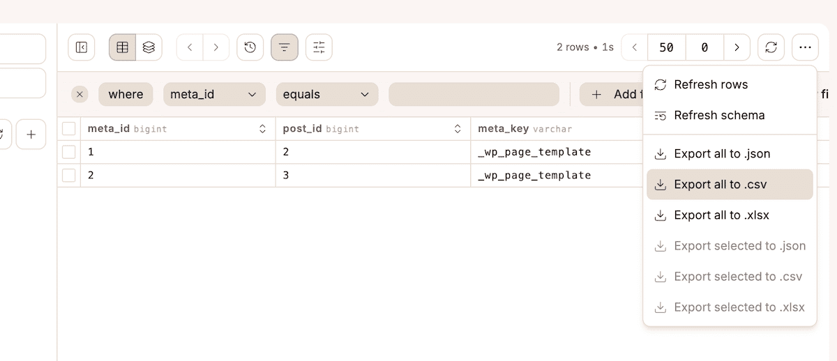 MyKinstaデータベーススタジオでテーブルをエクスポート