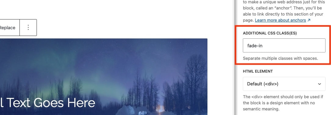 Adicionar a classe fade-in ao bloco de Capa