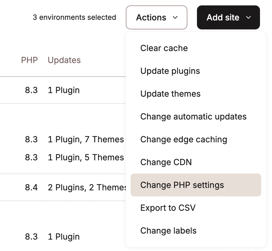 Acciones en lote en MyKinsta