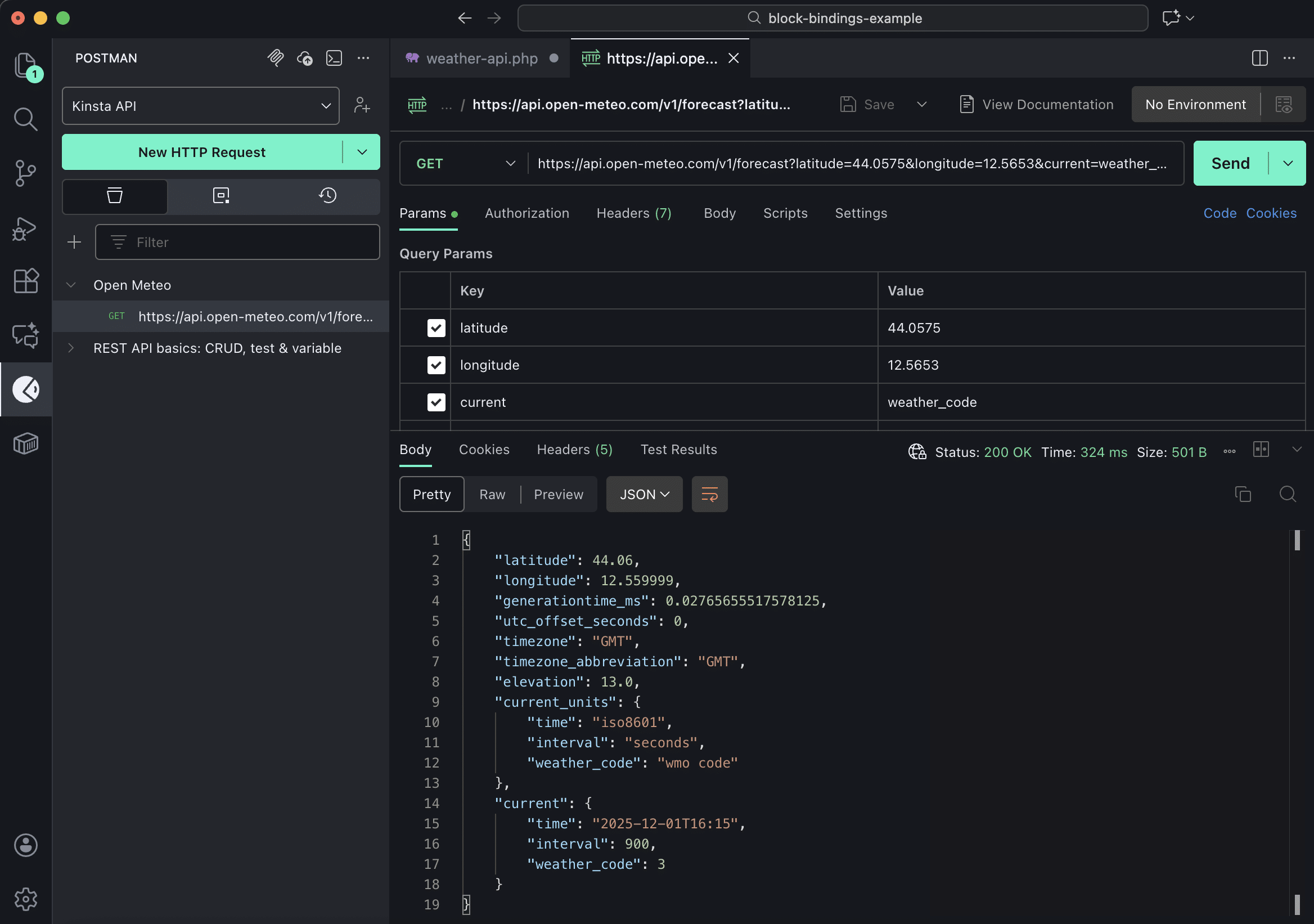 Postman for Visual Studio CodeのOpen-Meteoレスポンス