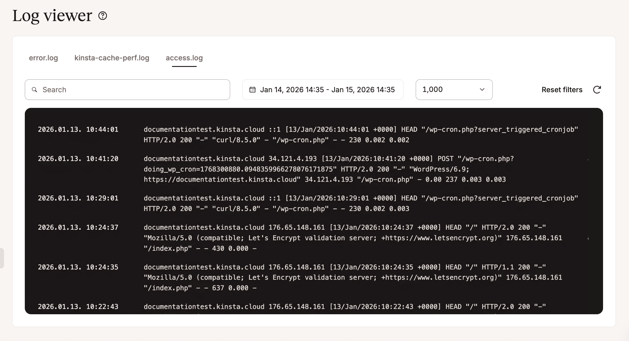 Registro de acceso en MyKinsta