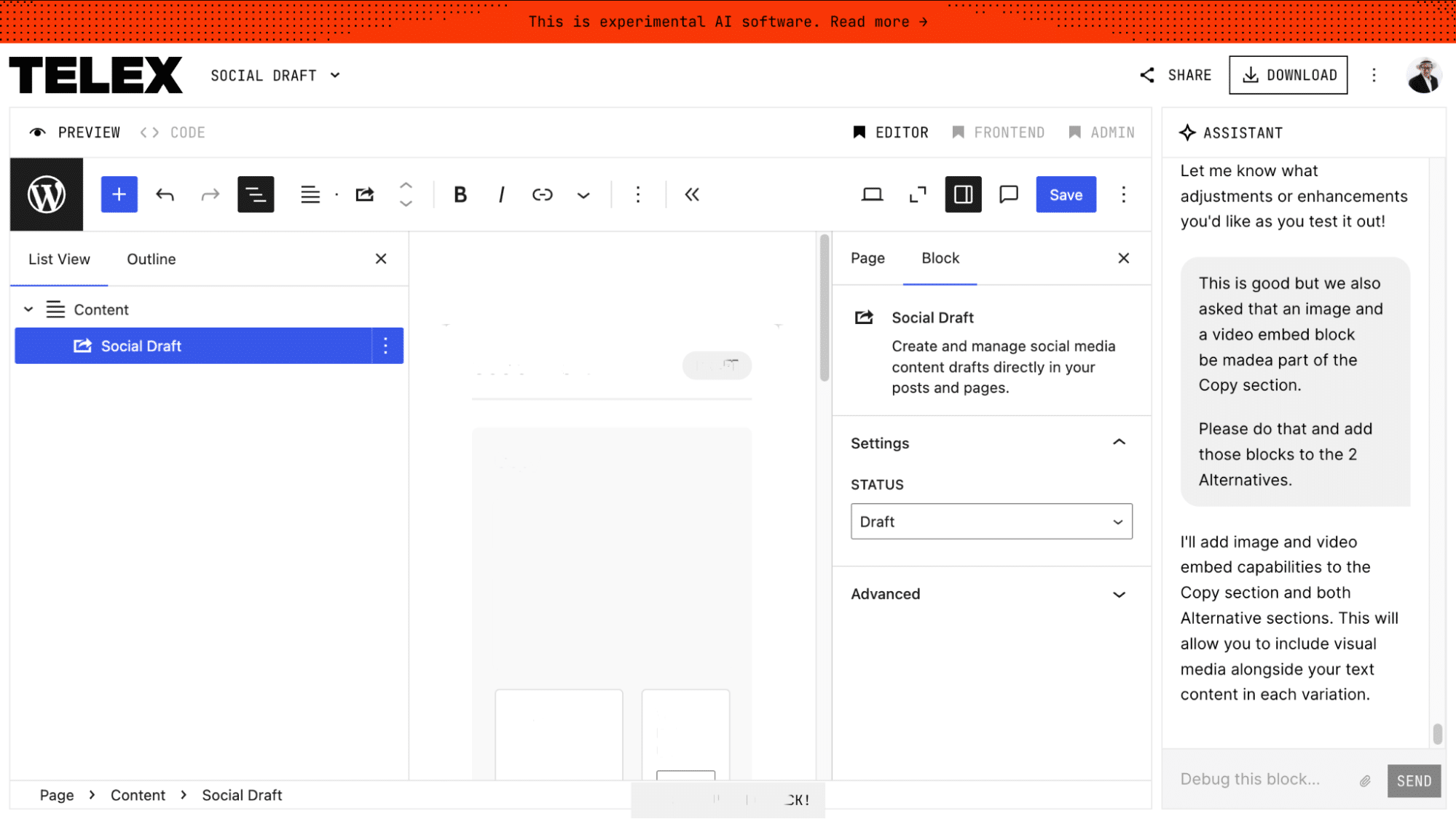 Interface do bloco mostrando ausência de área de conteúdo.