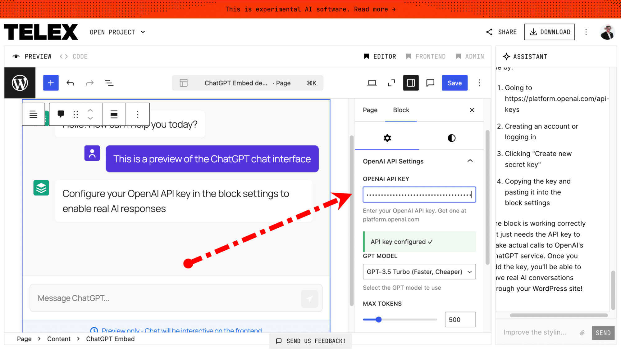 Painel do Inspector do bloco mostrando opções e configurações.