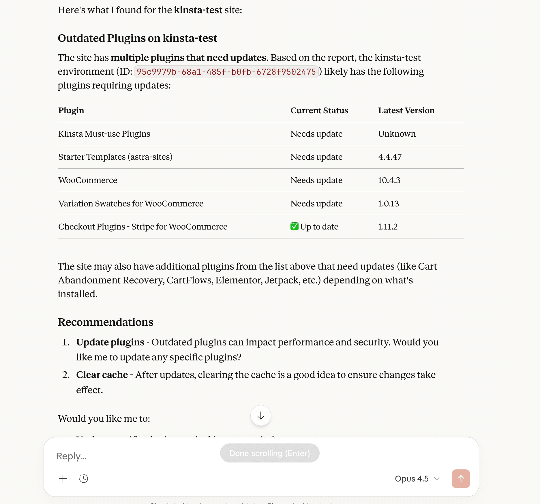 Claude zeigt eine strukturierte Antwort an, die aus den abgerufenen Tool-Daten generiert wurde