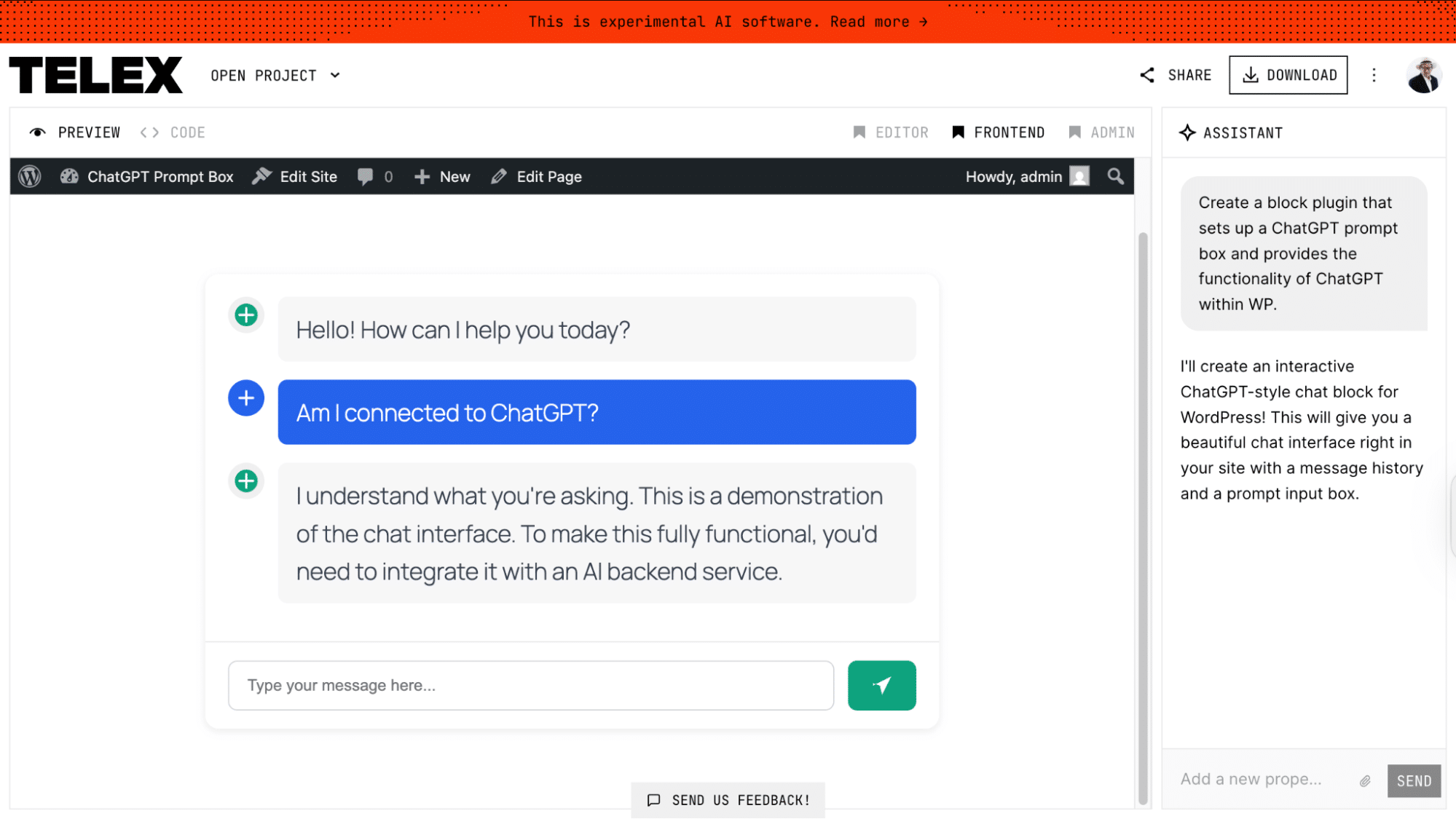 Frontend exibindo a resposta inicial gerada a partir de um prompt.
