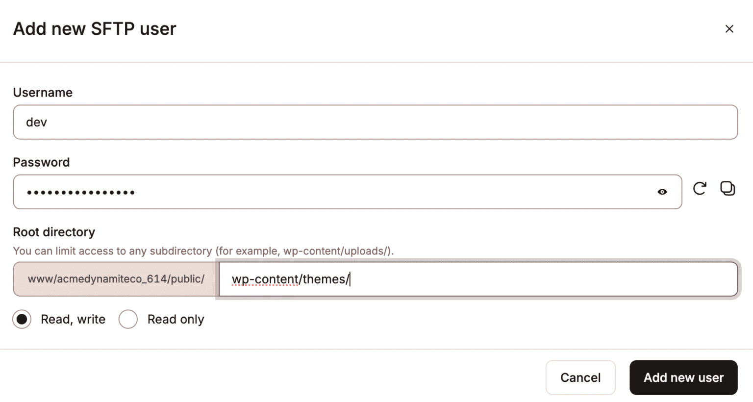 Adicionar novo usuário SFTP.