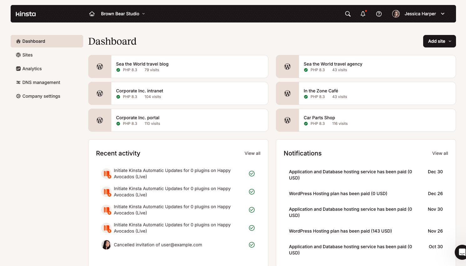MyKinsta dashboard displaying an overview of sites, usage, and account activity.
