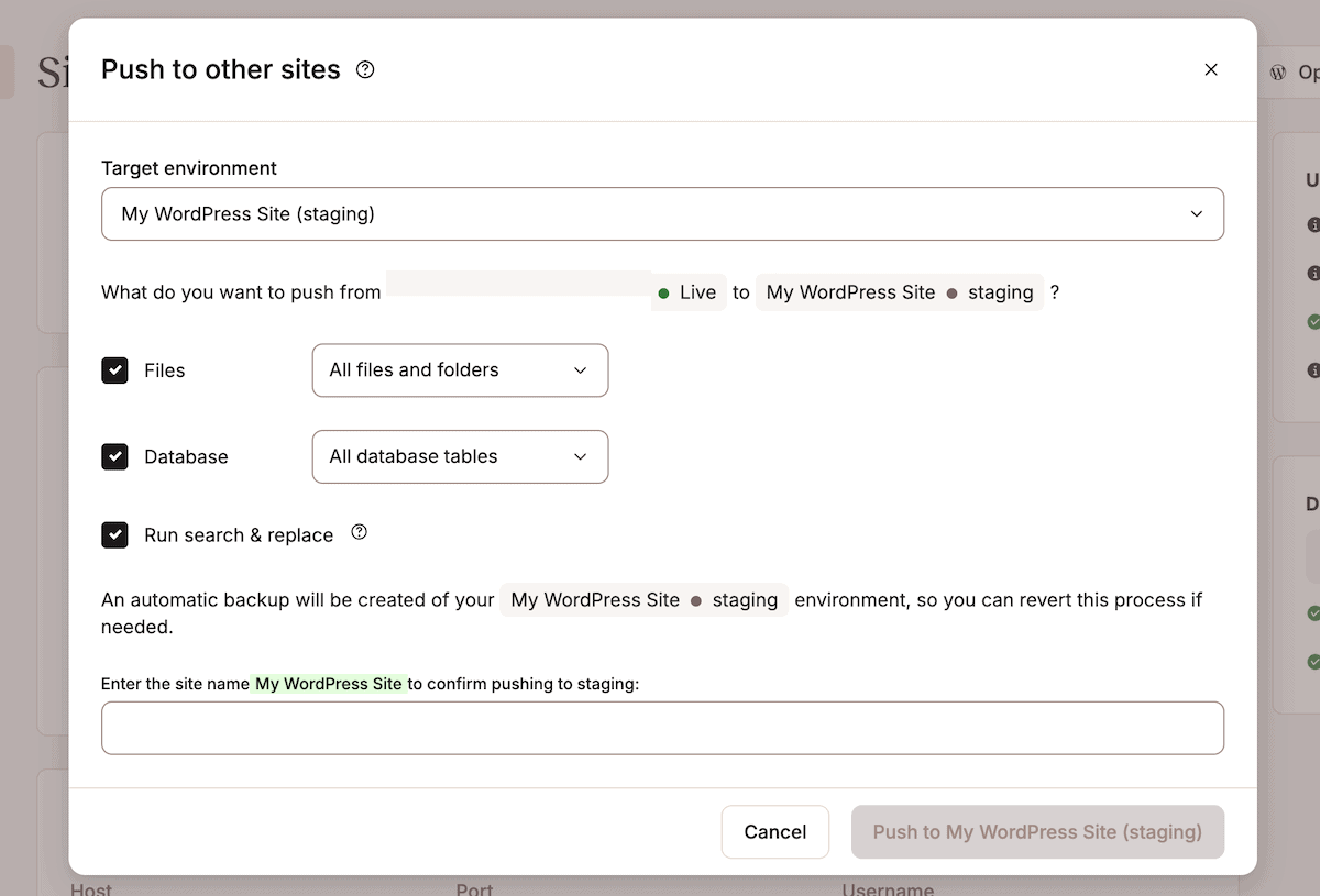 A interface Mover para produção do MyKinsta mostrando opções para enviar arquivos, banco de dados ou executar uma pesquisa e substituição para um ambiente.