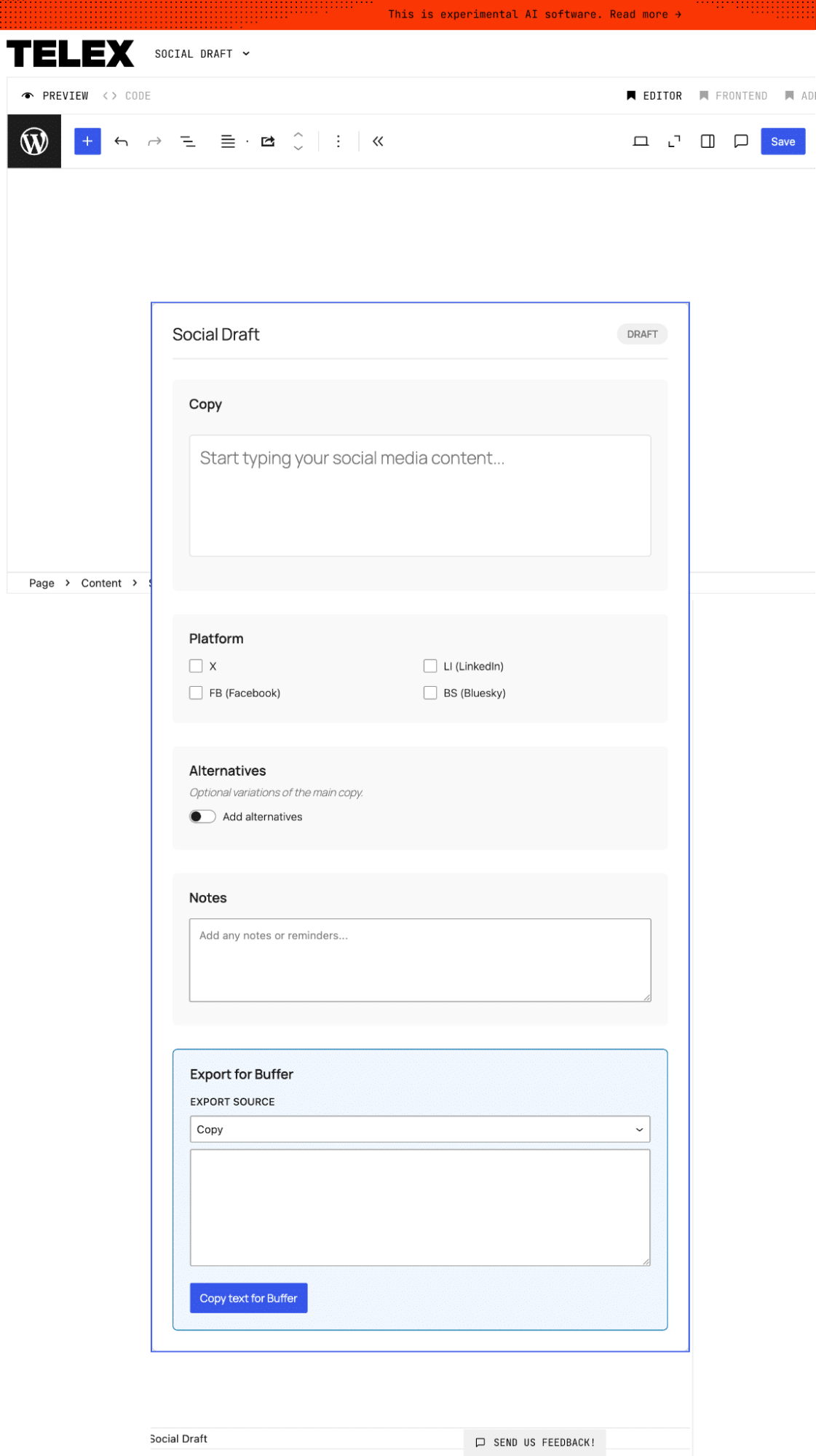 Bloco Social Draft exibindo um rascunho de post gerado.