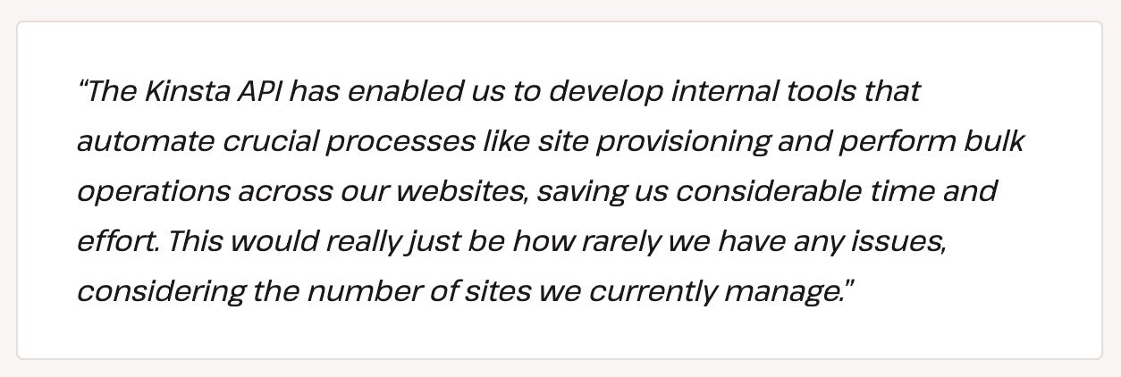 Citação do estudo de caso da Sod sobre a API da Kinsta.