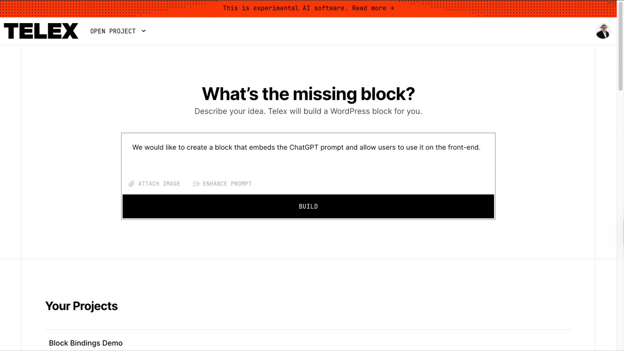 Interface do Telex mostrando um prompt de entrada para configurar uma automação.
