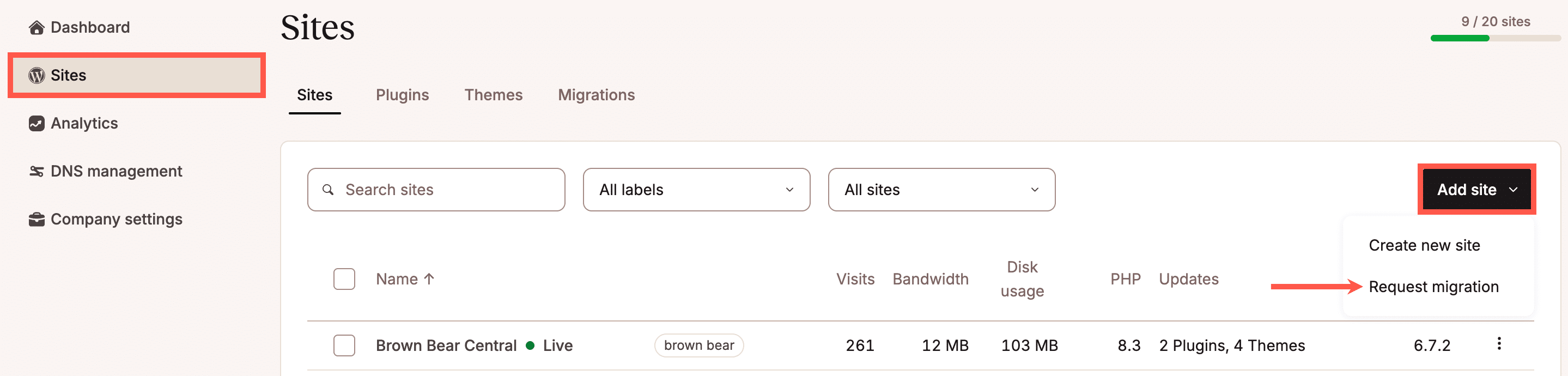 Een screenshot van de migratiewachtrij van sites in MyKinsta.
