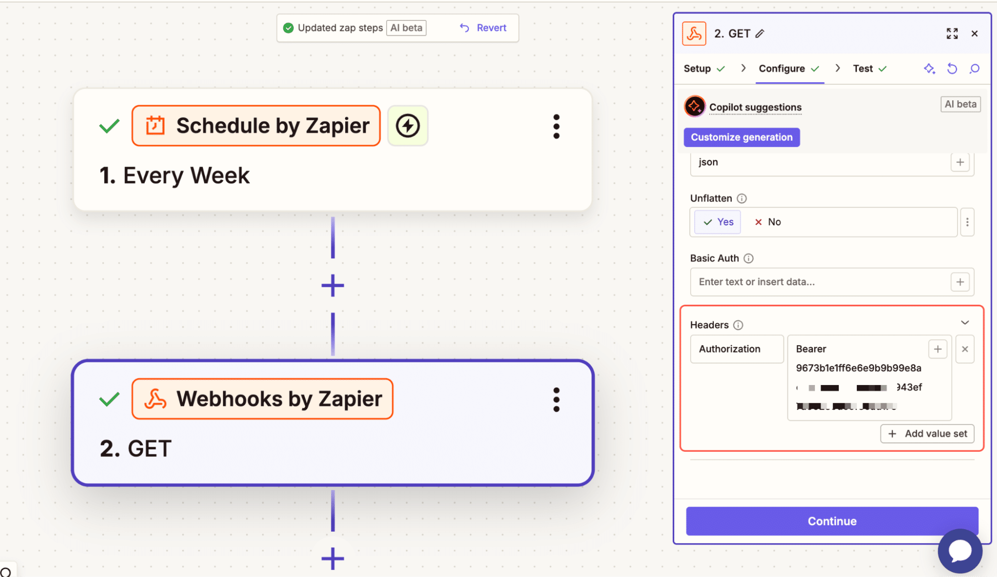 Zapのワークフローに認証キーを追加