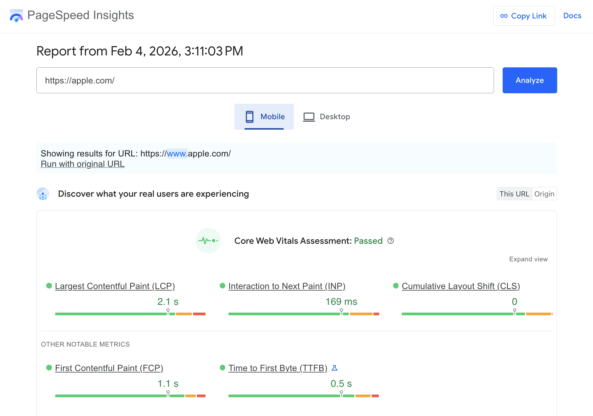 Avaliação do Core Web Vitals no PageSpeed Insights