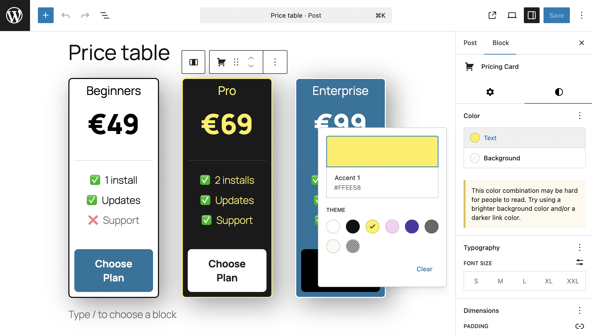 PHPのみのブロックを3つ使用した、3つのサービスレベルの料金表