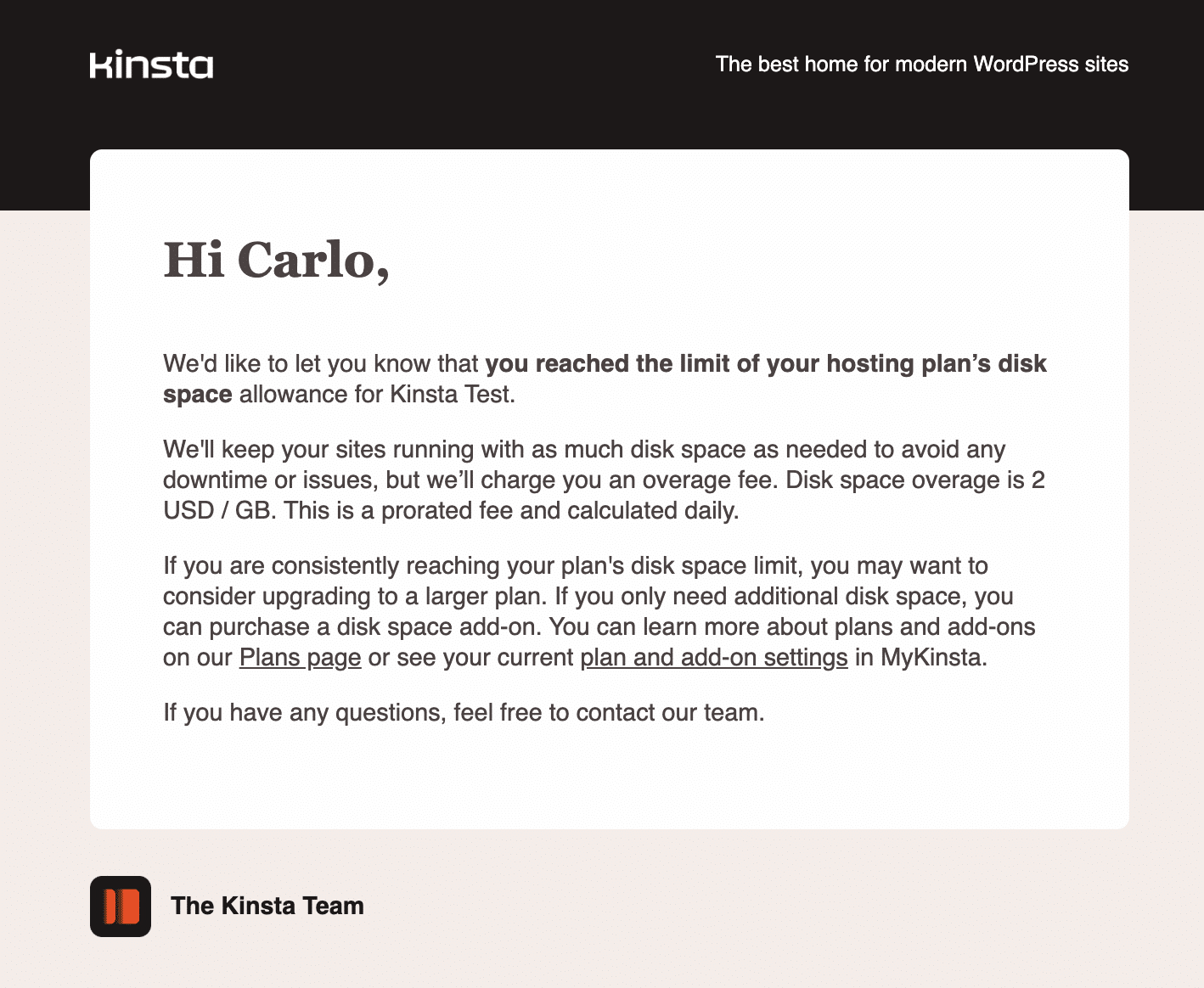 E-mail de notificação de espaço em disco.