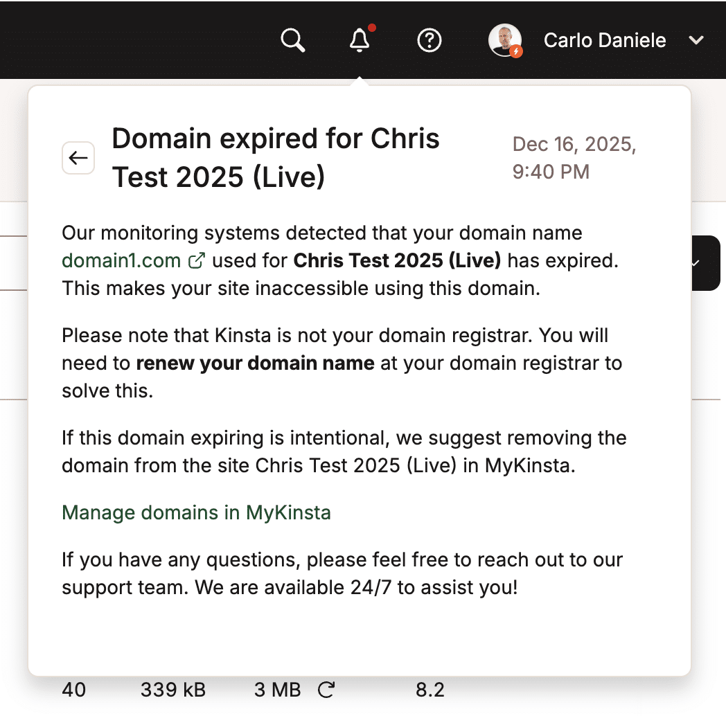 Notificação de expiração de domínio no MyKinsta.
