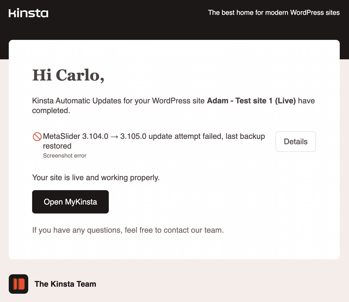 Notificação de falha na atualização automática.
