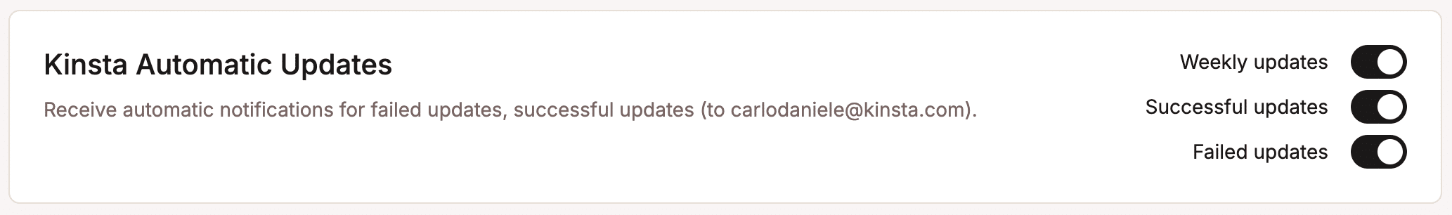 Opção de notificações de Atualizações Automáticas da Kinsta.