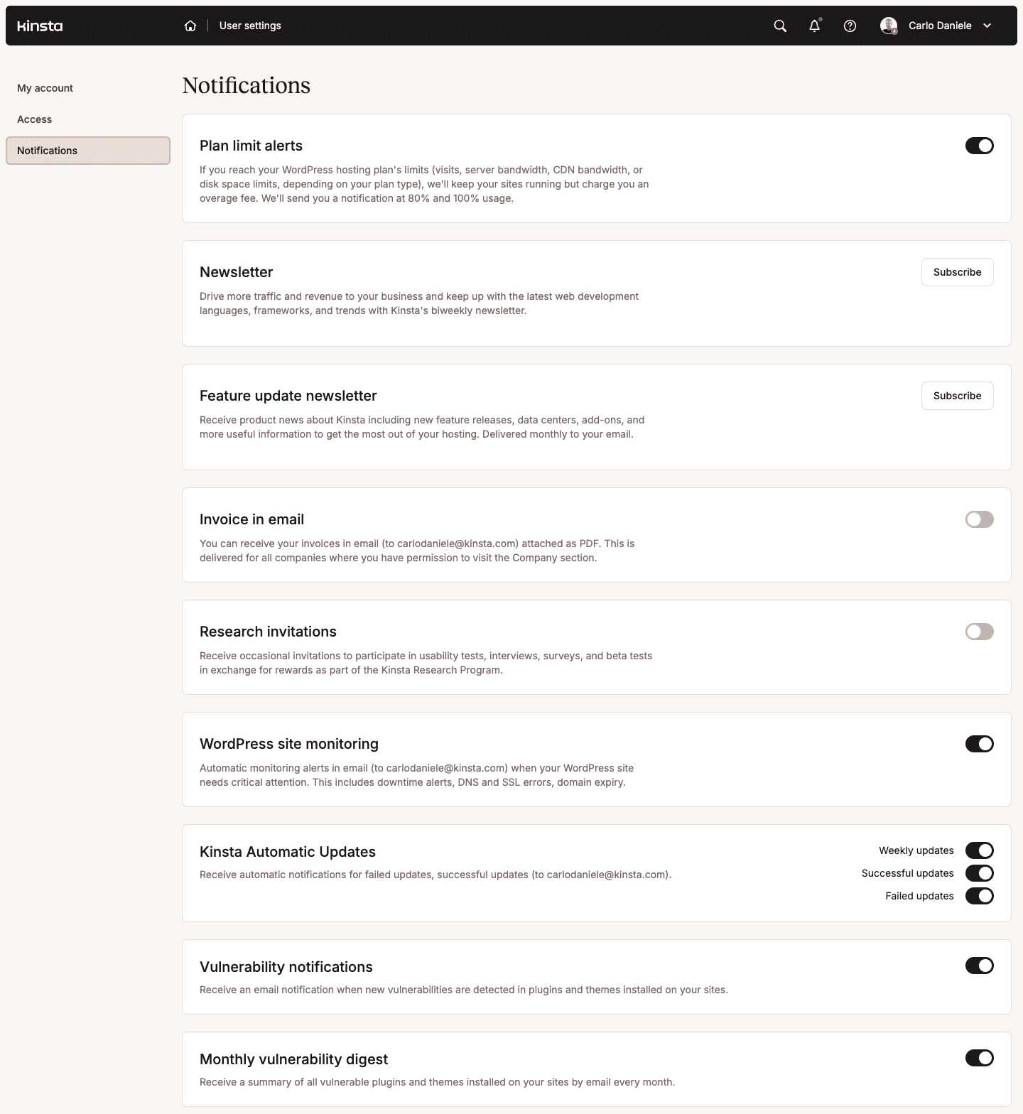 Configurações de notificação no MyKinsta.