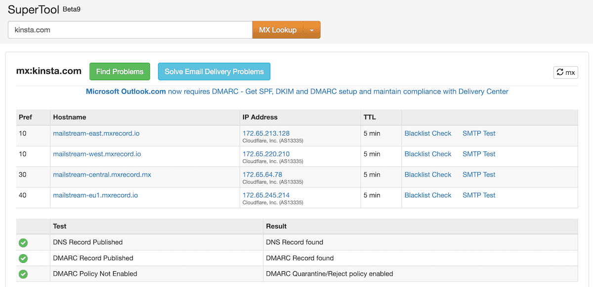 The MXToolbox home page showing the MX records for the Kinsta website along with IP addresses and TTL times.