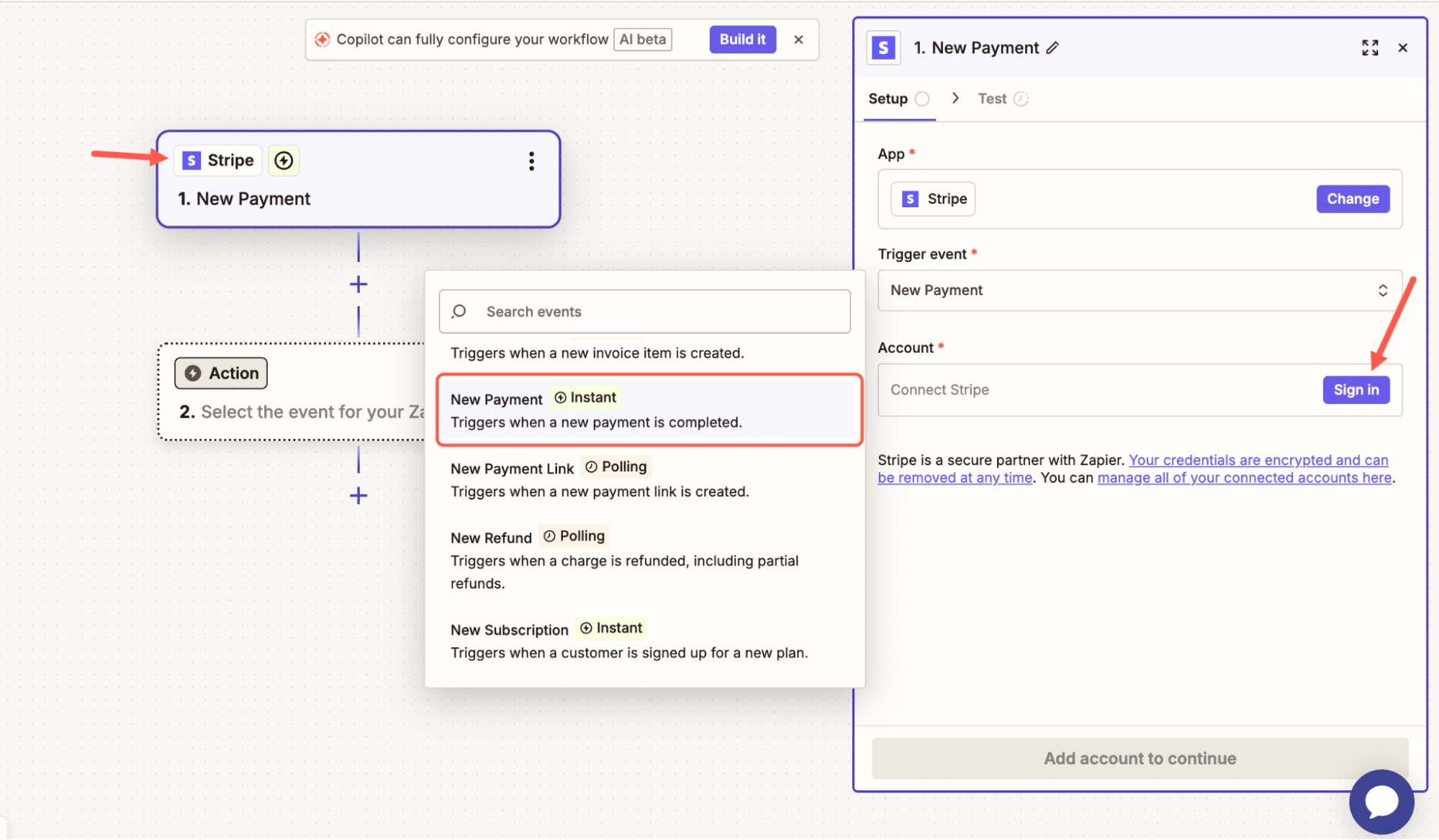 ZapierにおけるStripeトリガー