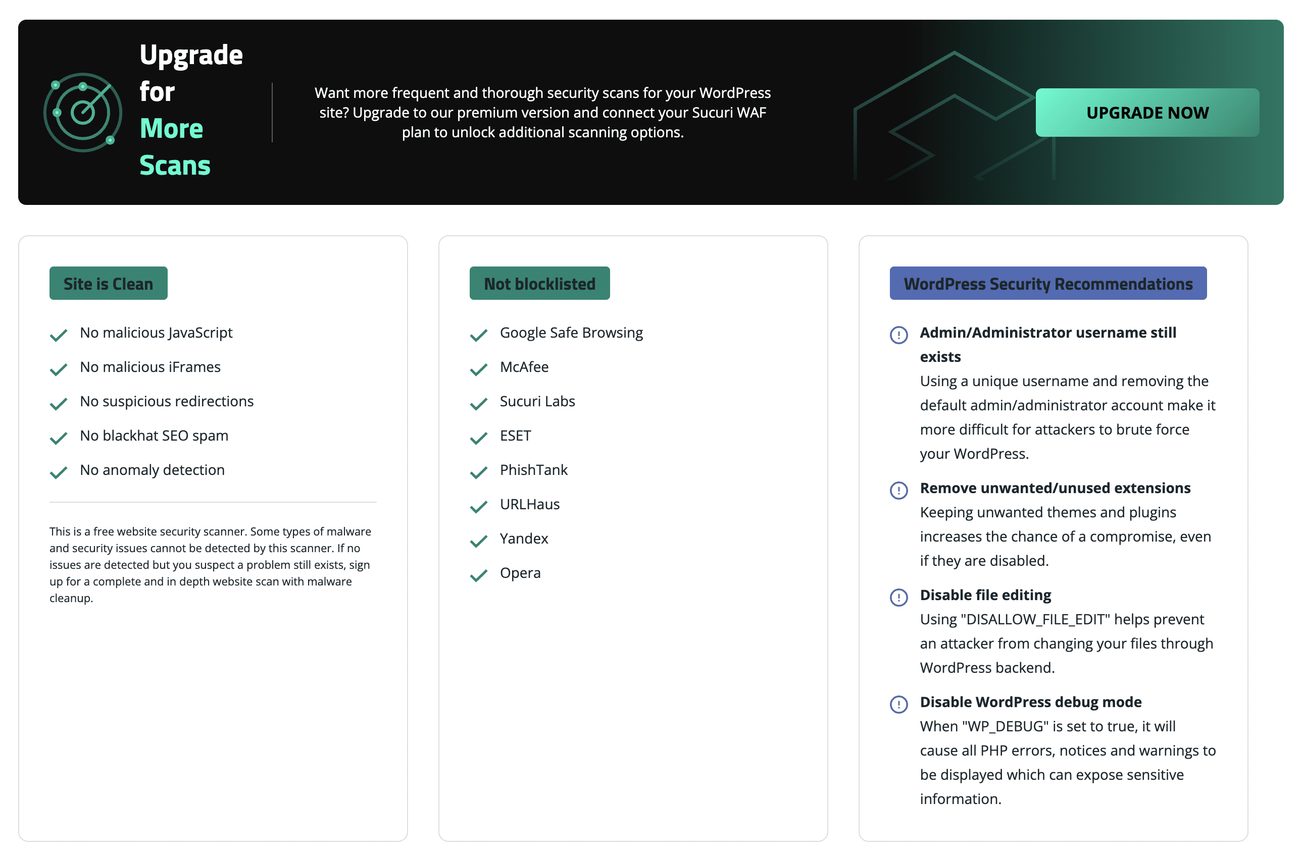 Painel do plugin Sucuri Security.