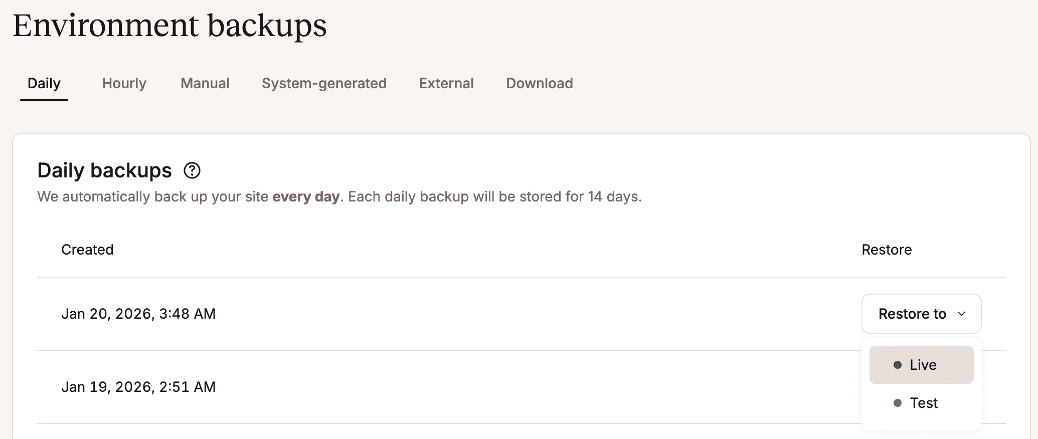 Wiederherstellen eines Backups in MyKinsta