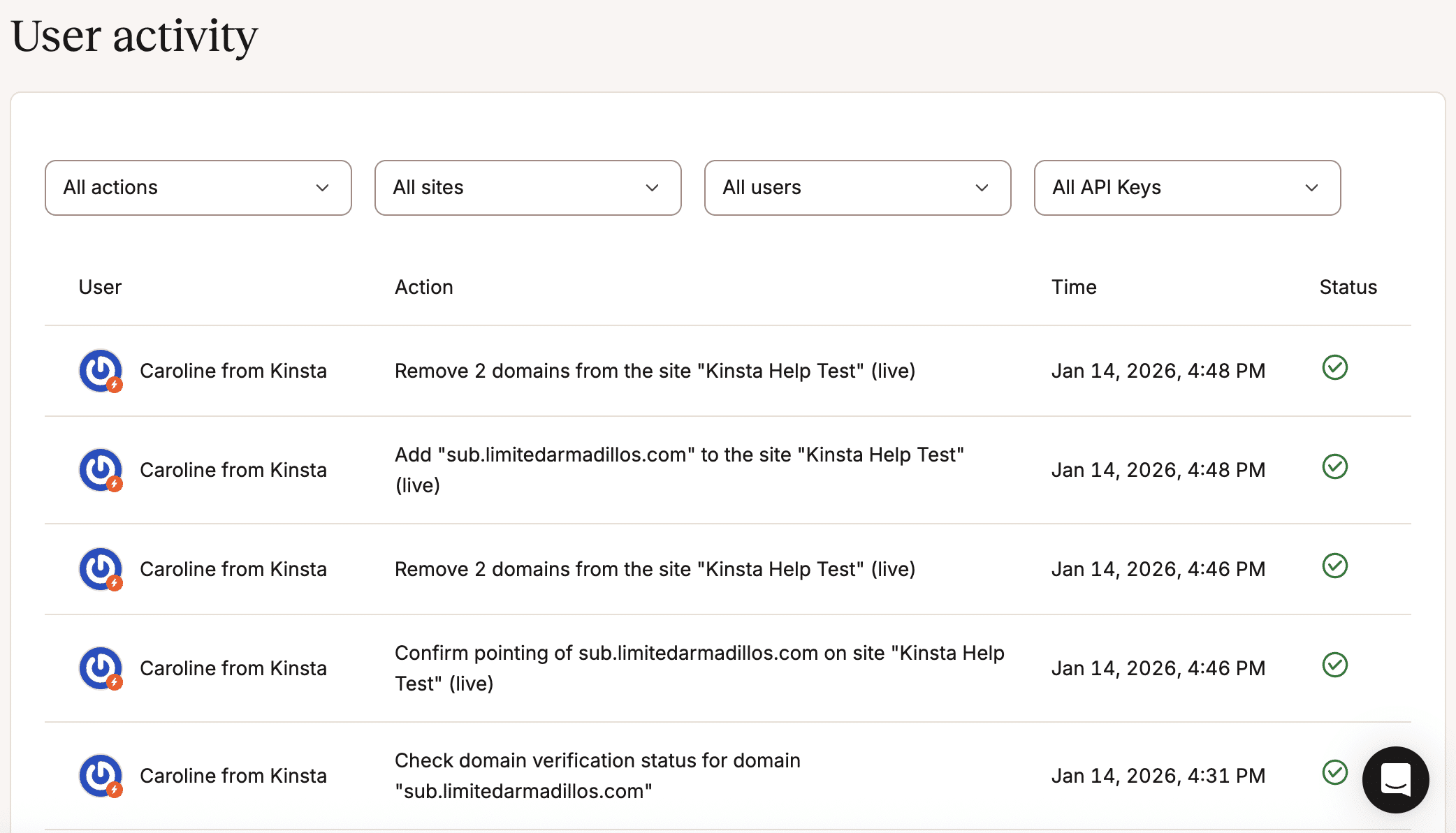 Actividad de usuario en MyKinsta