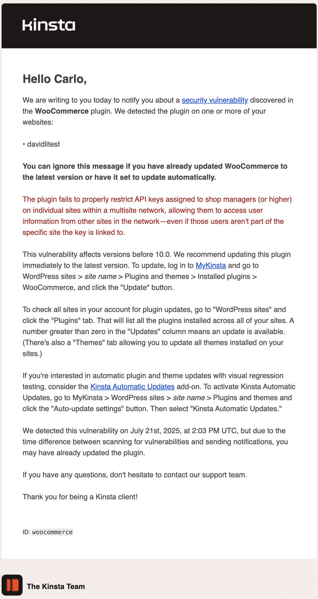 Um e-mail de notificação de vulnerabilidade.