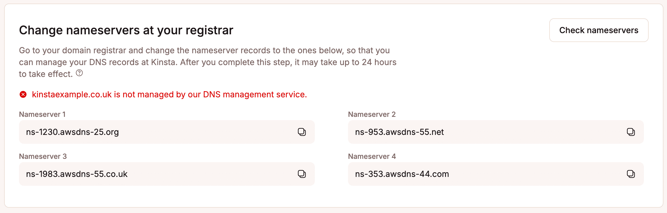 Les serveurs de noms Kinsta sont visibles dans les réglages DNS de MyKinsta.