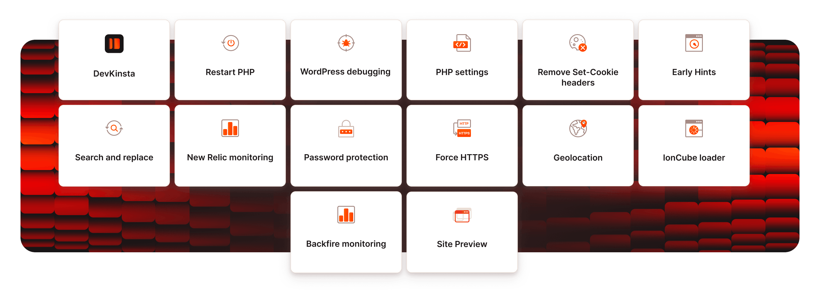 List of WordPress tools: Site cache, Restart PHP, WordPress debugging, Change PHP version, Remove Set-Cookie headers, Early Hints, Search and replace, New Relic monitoring, Password protection, Force HTTPS, Geolocation and IonCube loader.