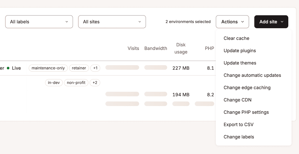 The Actions drop-down menu in MyKinsta showing the available bulk action options including Clear cache, Update plugins, Update themes, and more.
