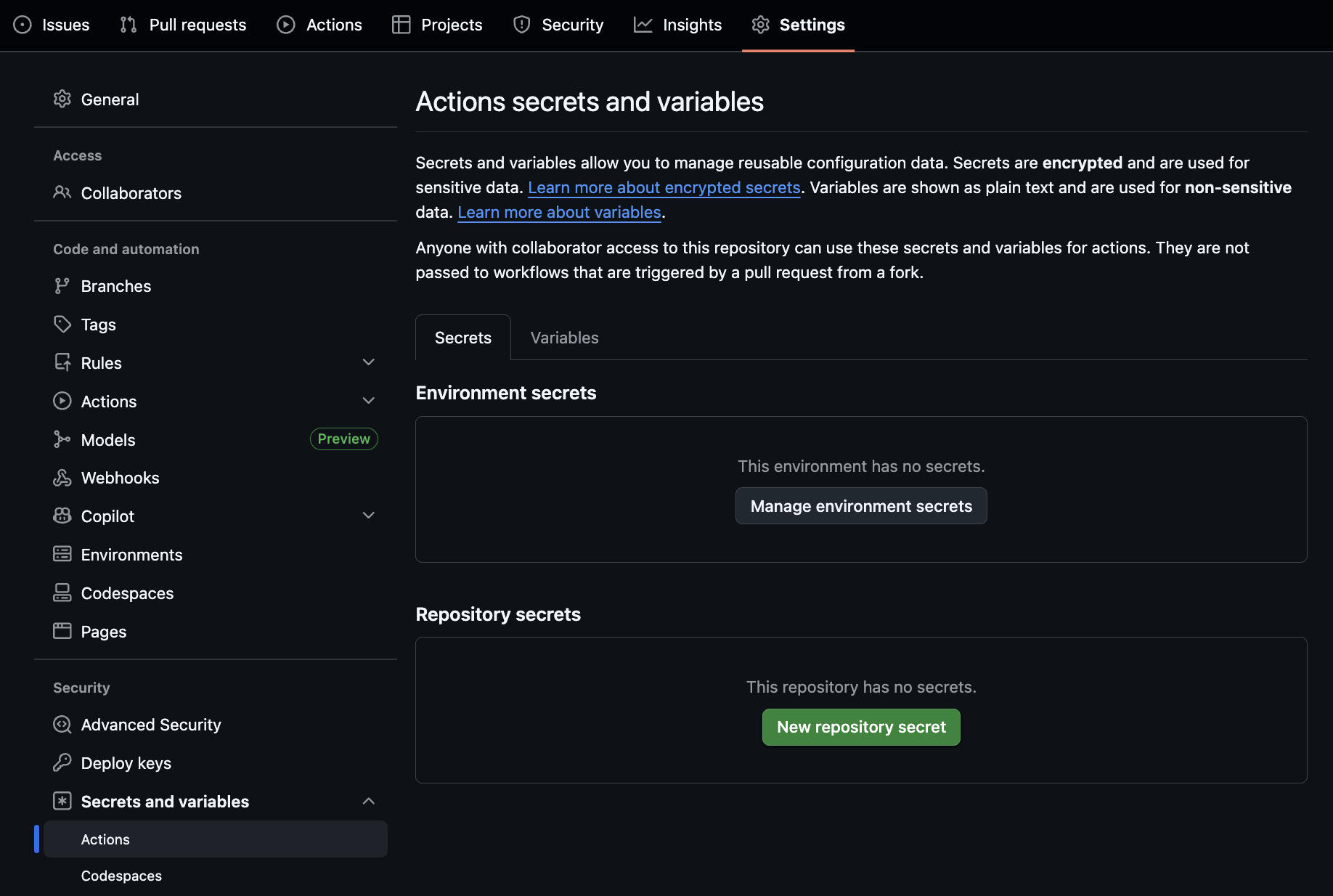 Página de configuração de secrets e variables do Actions.
