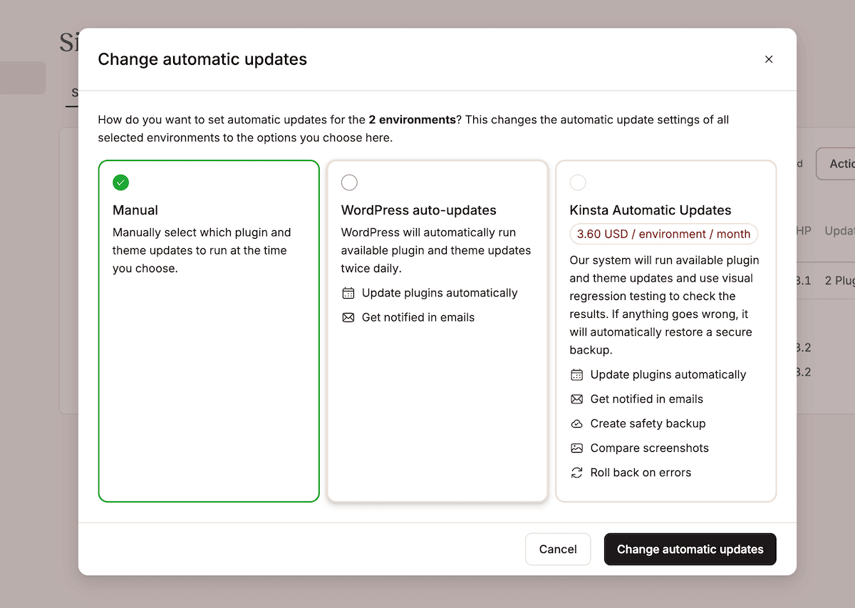 The Change automatic updates screen in MyKinsta showing options for setting manual updates, WordPress' own auto-update schedule, and Kinsta's premium automatic updates option.