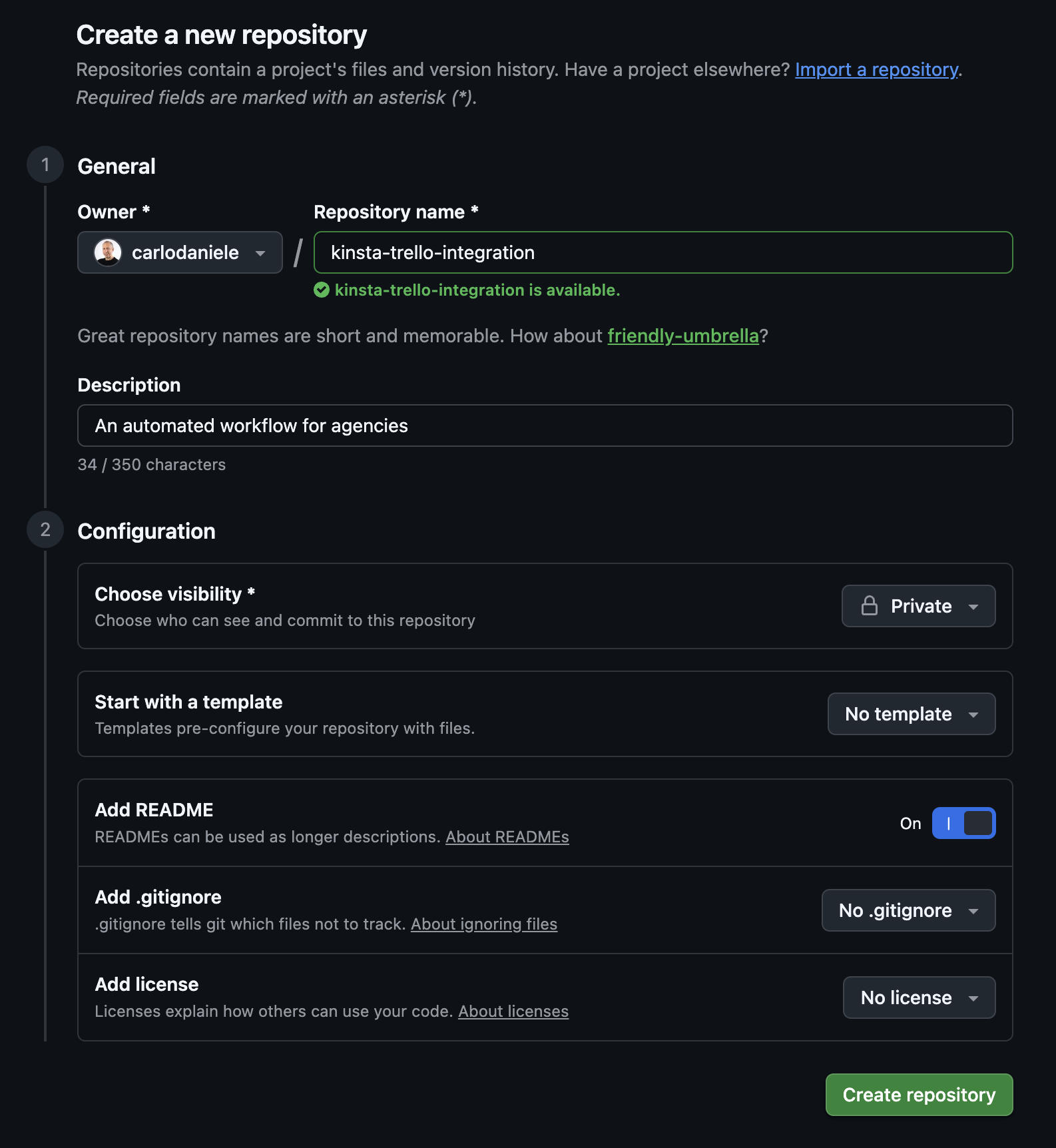 Criar um novo repositório do GitHub.
