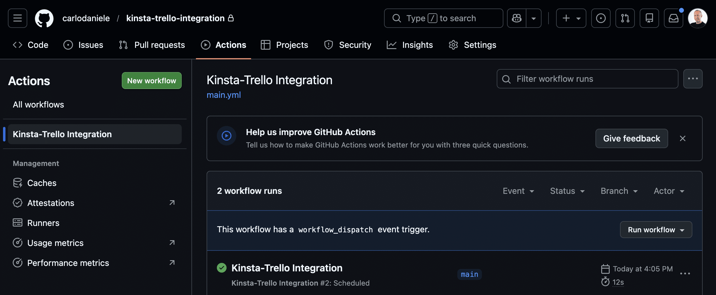 Página do GitHub Actions.