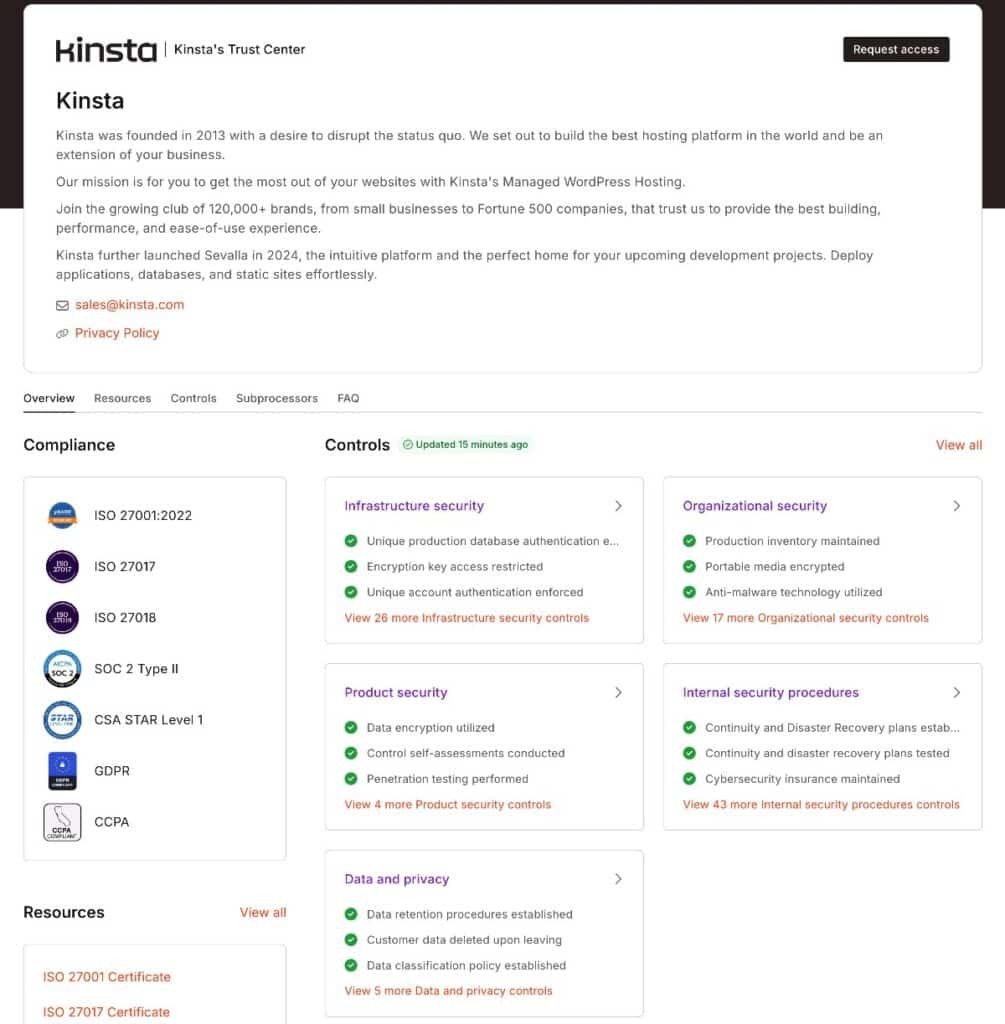 The Kinsta Trust Center offers transparent information about Kinsta's platform.