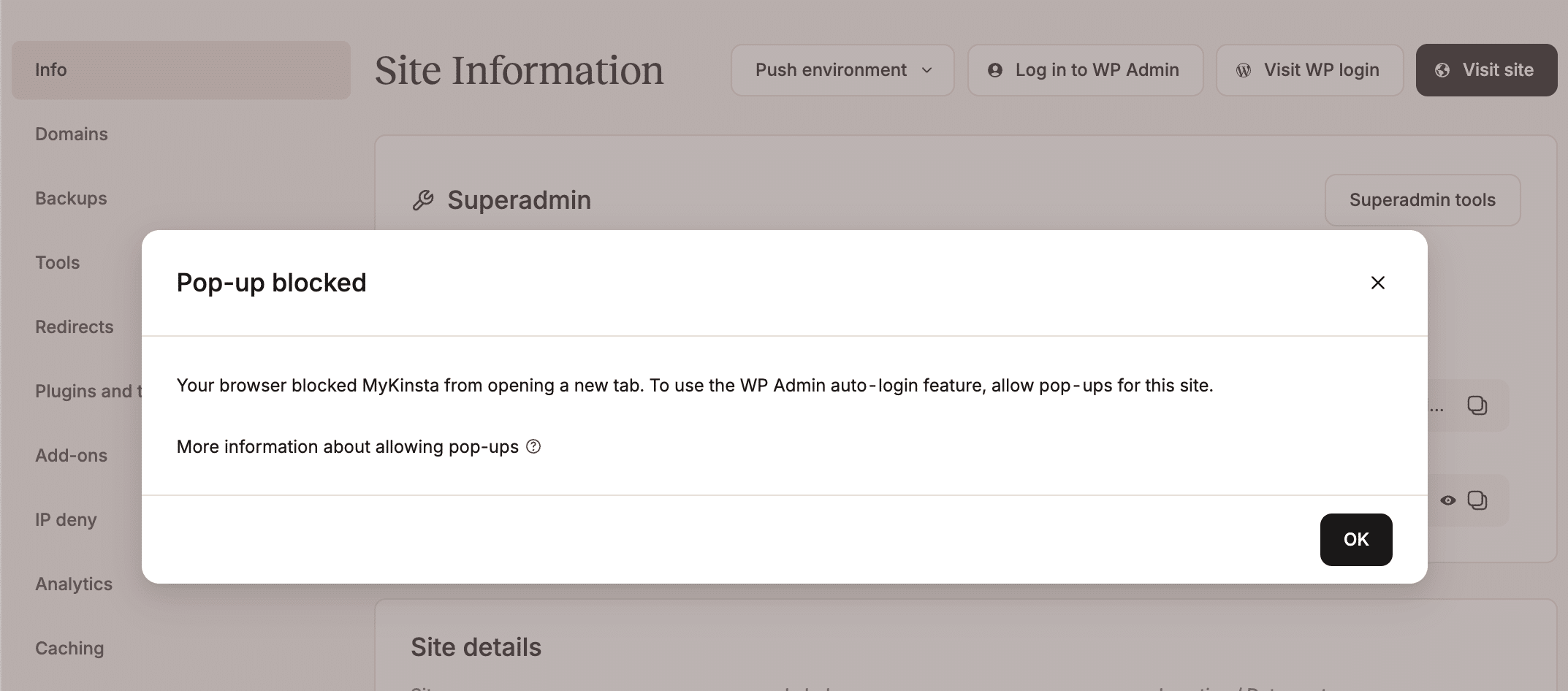 Pop-up blocked in MyKinsta.