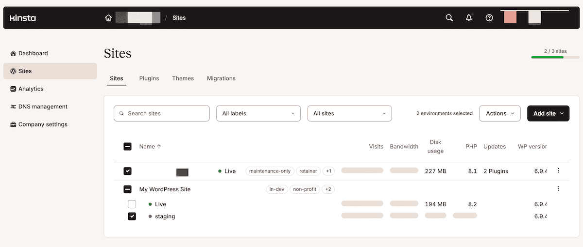 The MyKinsta WordPress Sites list showing multiple environments selected using the checkboxes on the left side of the list.