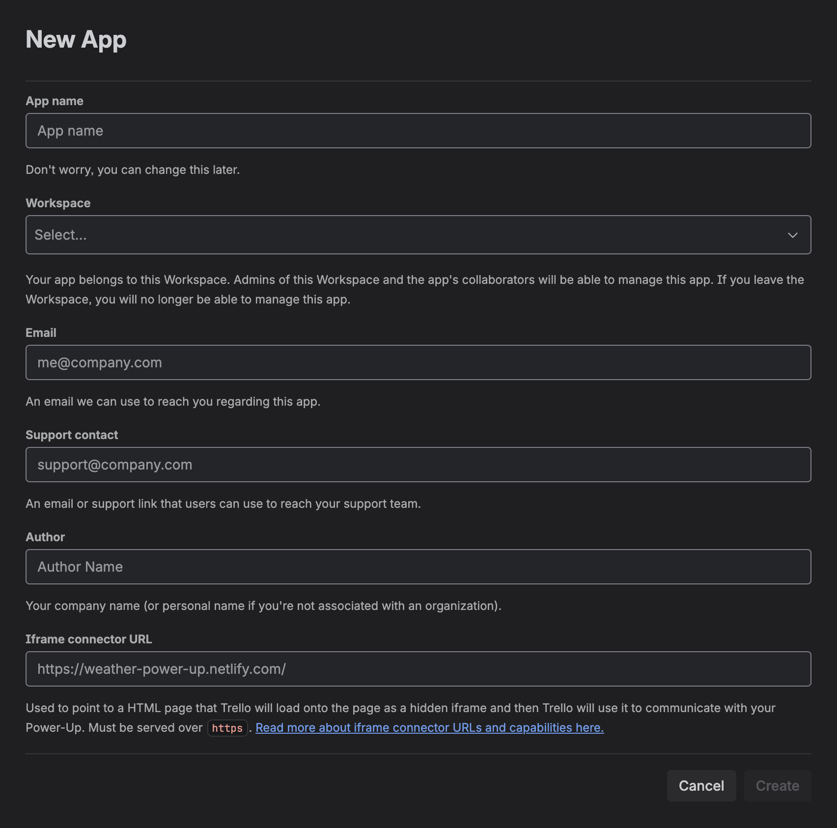 Formulário de novo aplicativo do Trello.