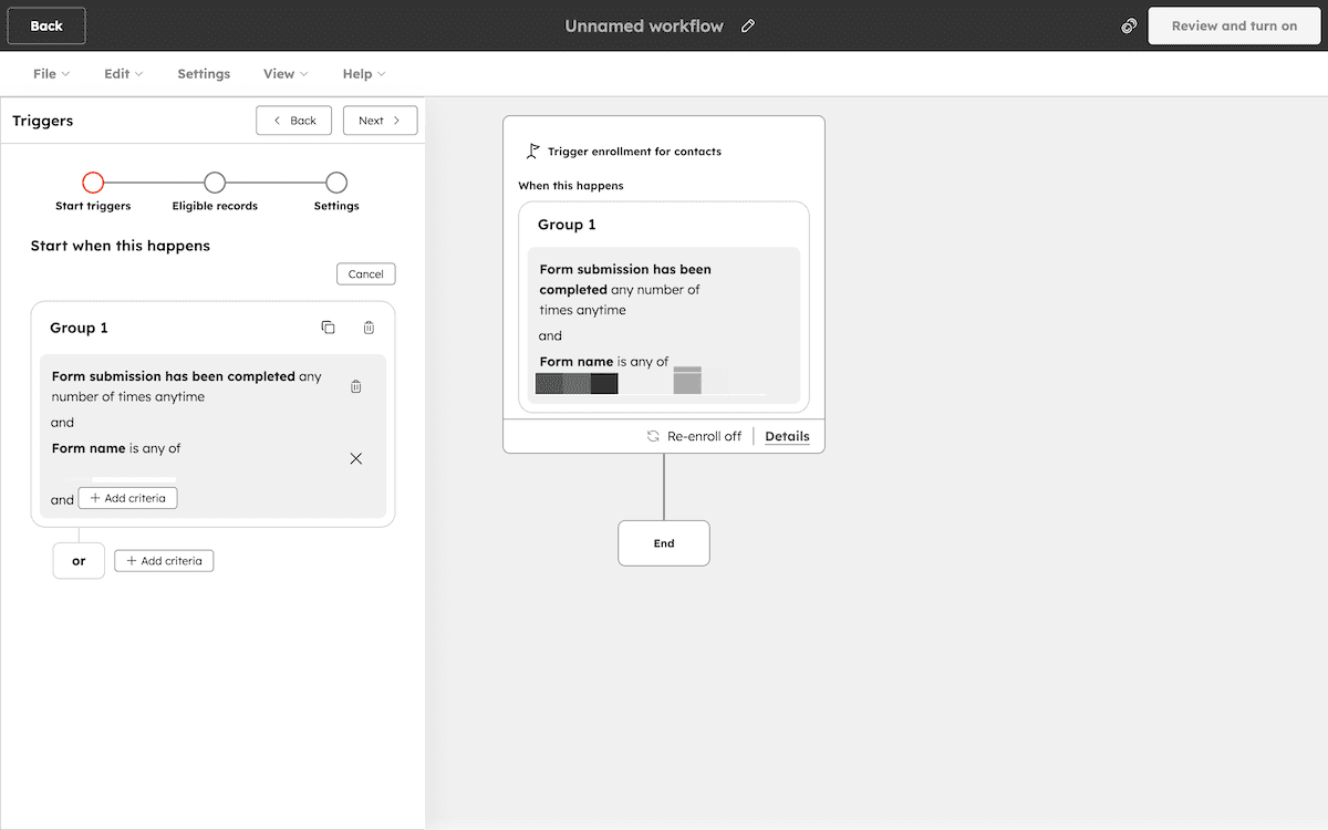 Sélectionner le formulaire de déclenchement.