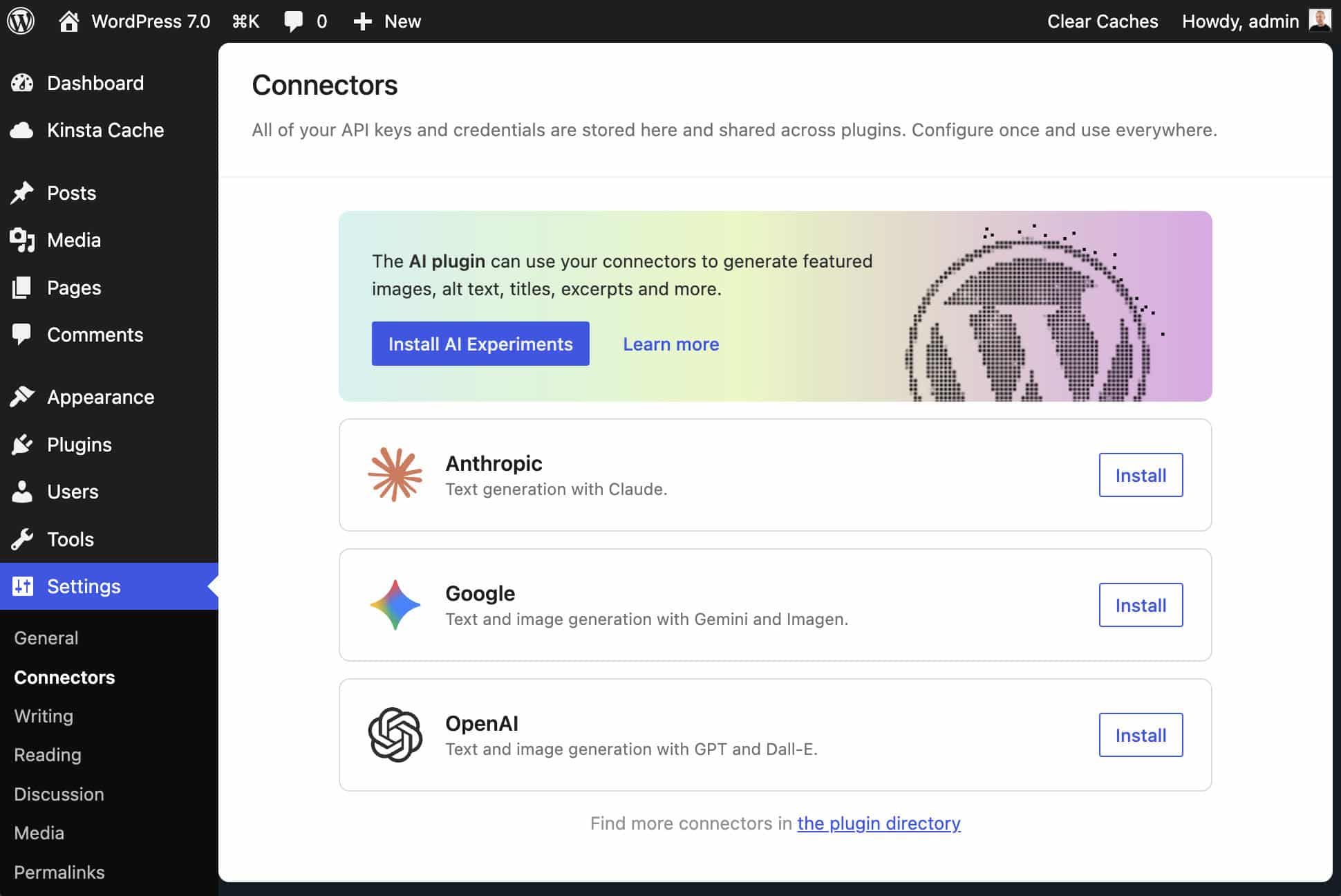 Konnektoren Bildschirm in WordPress 7.0.